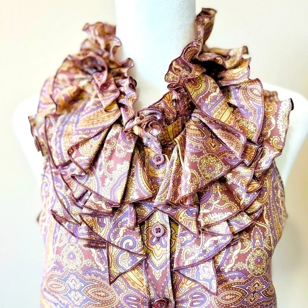 J. Crew Silk Paisley Sleeveless Ruffle Button Down